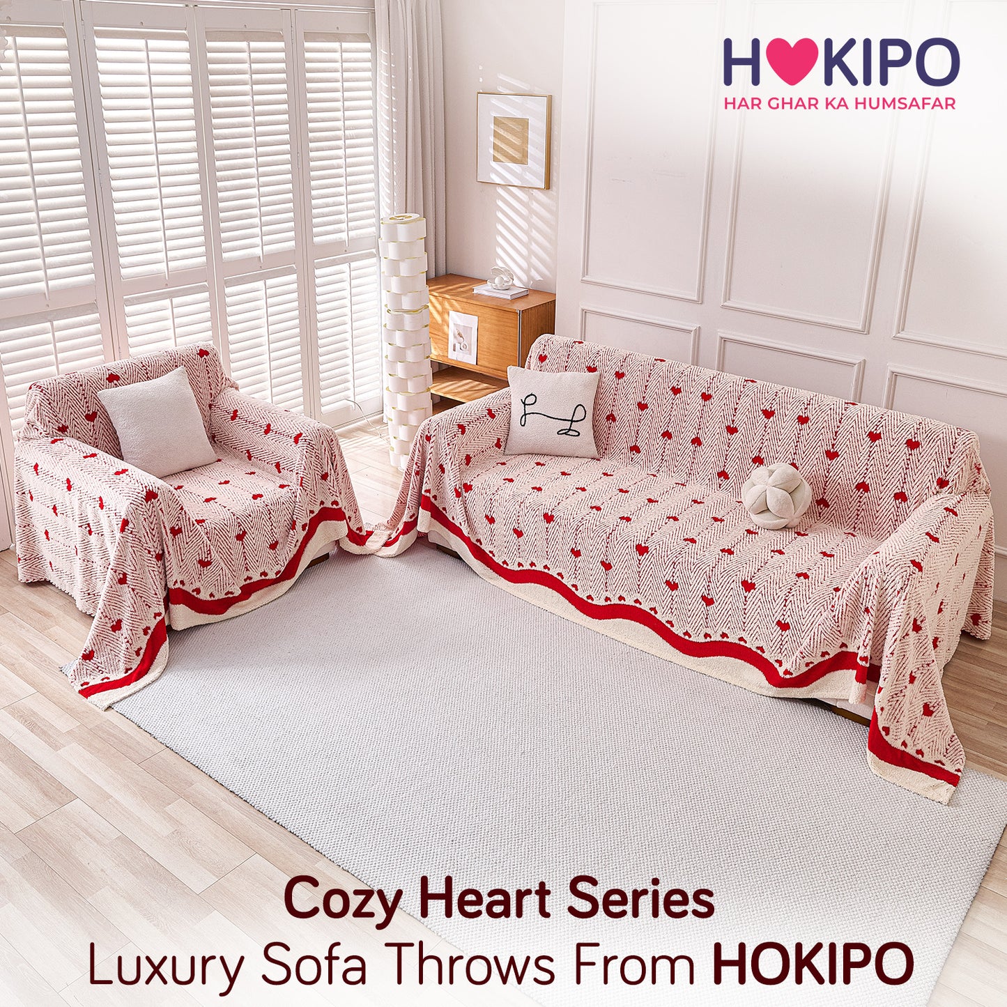 Buy Cherry Cream Colour Cozy Heart Series Luxury Plush Sofa Throw for 3 1​ Seater Sofa Set | HOKIPO