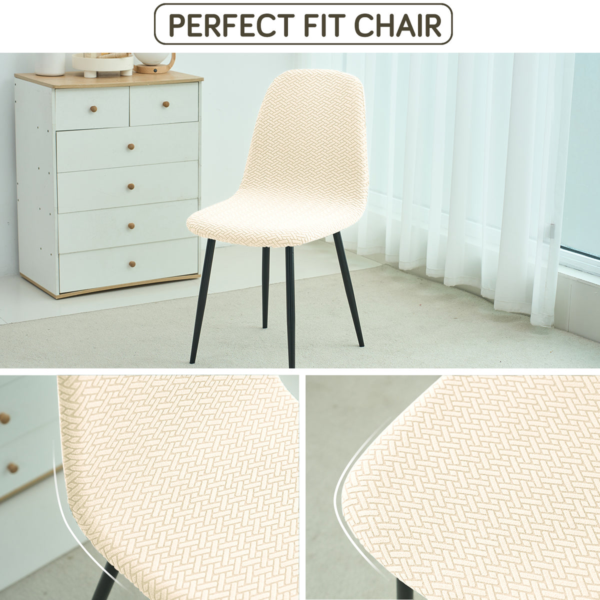 Premium Jacquard Fully Covered Cover for Mid Century Modern Dining Chair, Beige