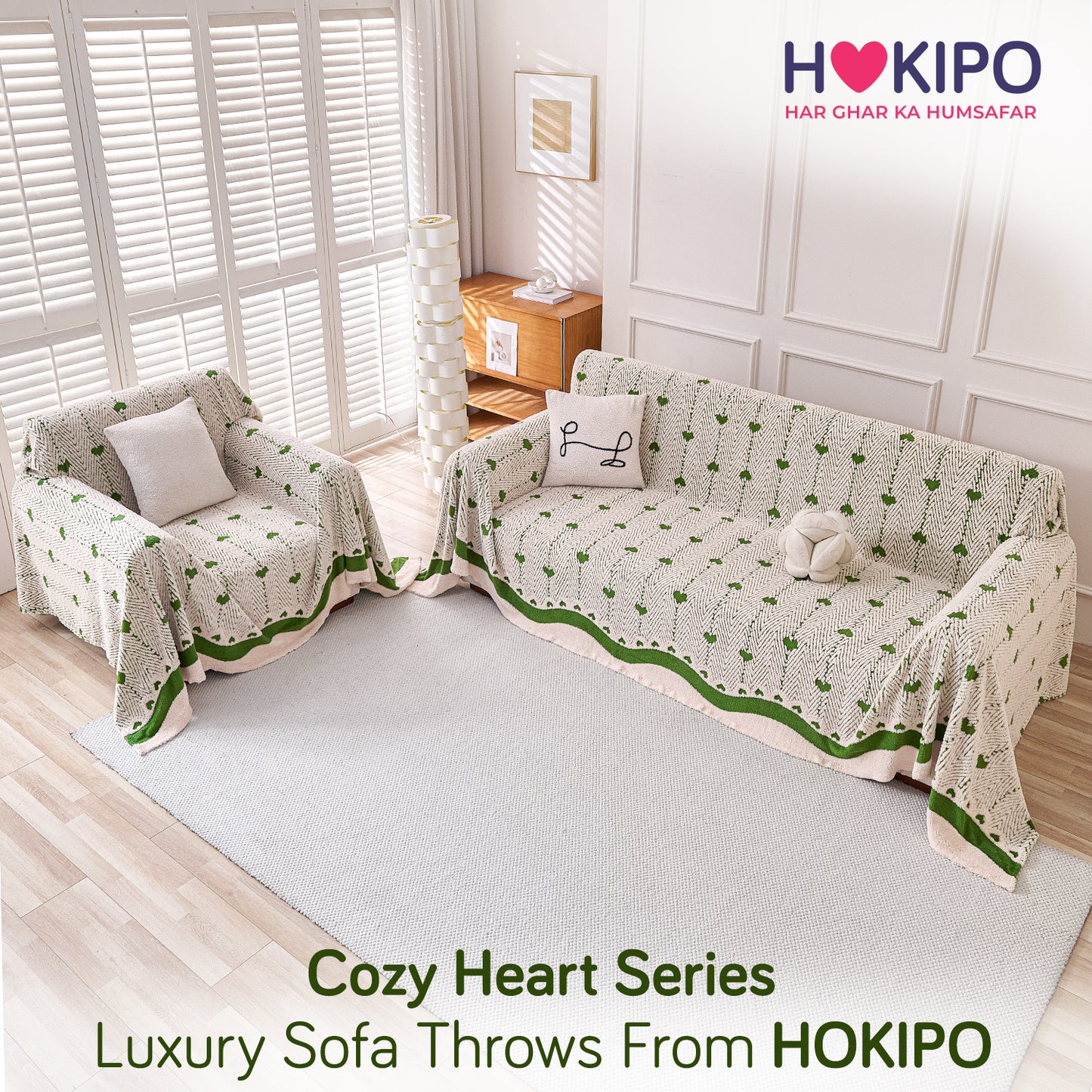 'Cozy Heart Series' Luxury Plush Sofa Cover Throw, Forest Cream