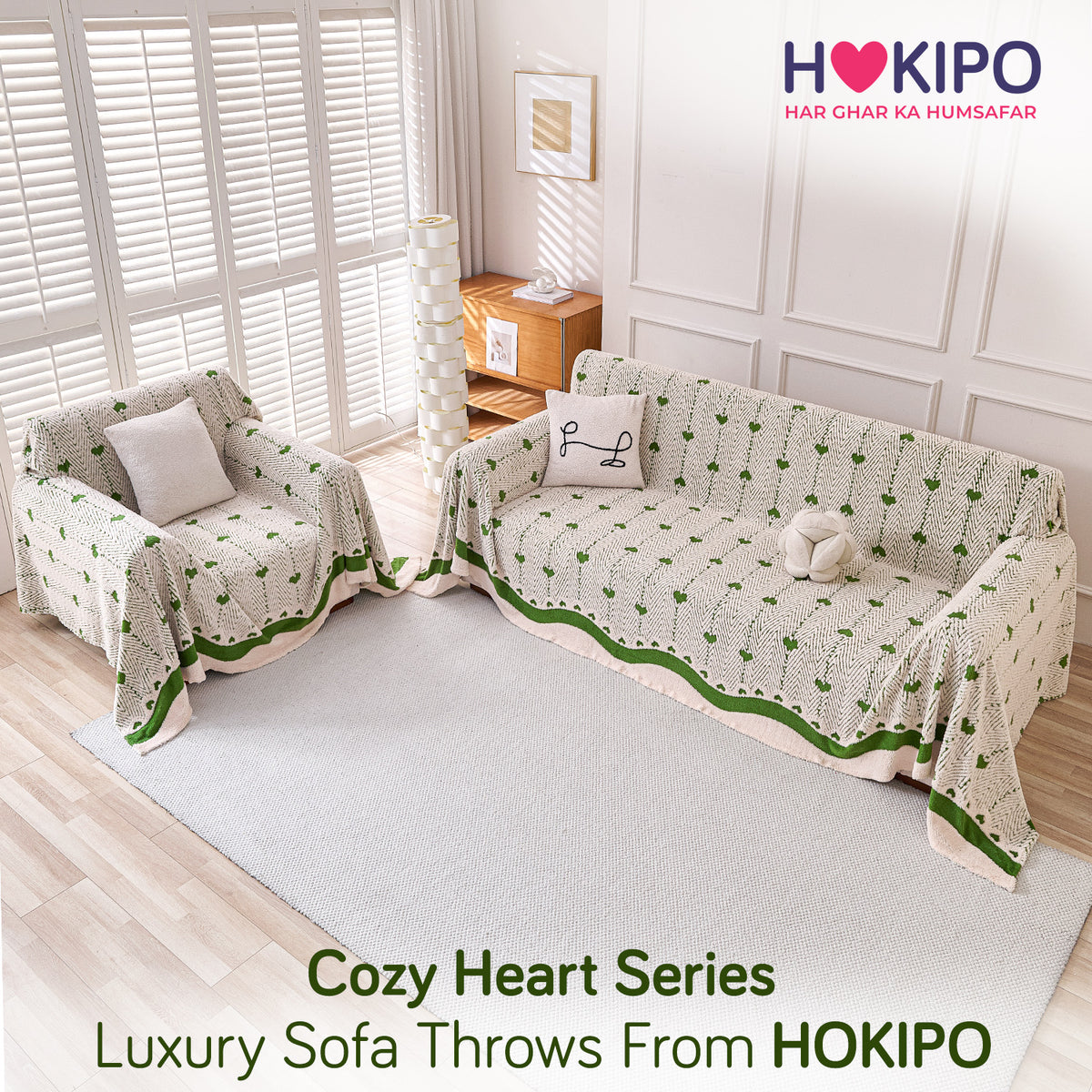 'Cozy Heart Series' Luxury Plush Sofa Cover Throw, Forest Cream