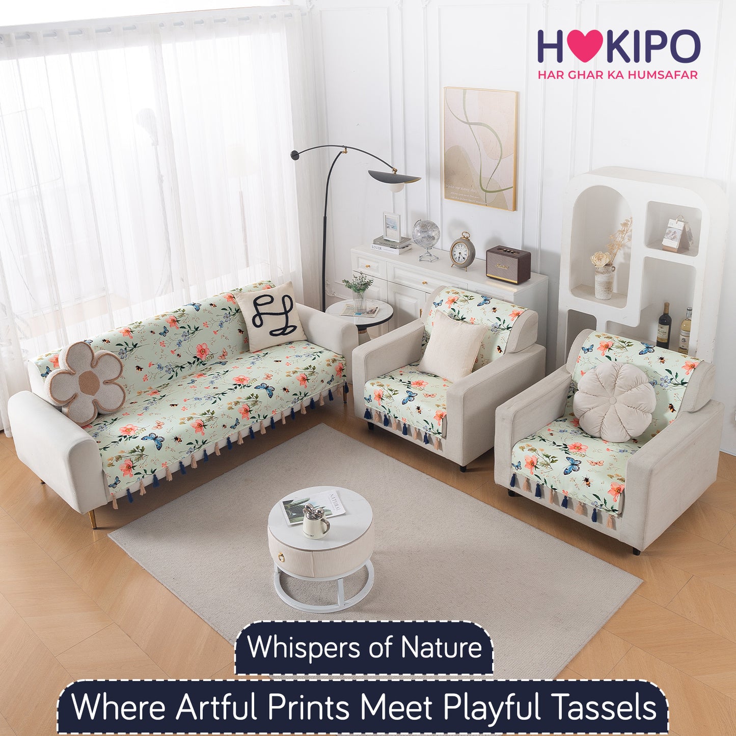 Holland  Velvet 5-Seater Sofa Cover with Tassel (3+1+1), Pastel Butterfly Meadow