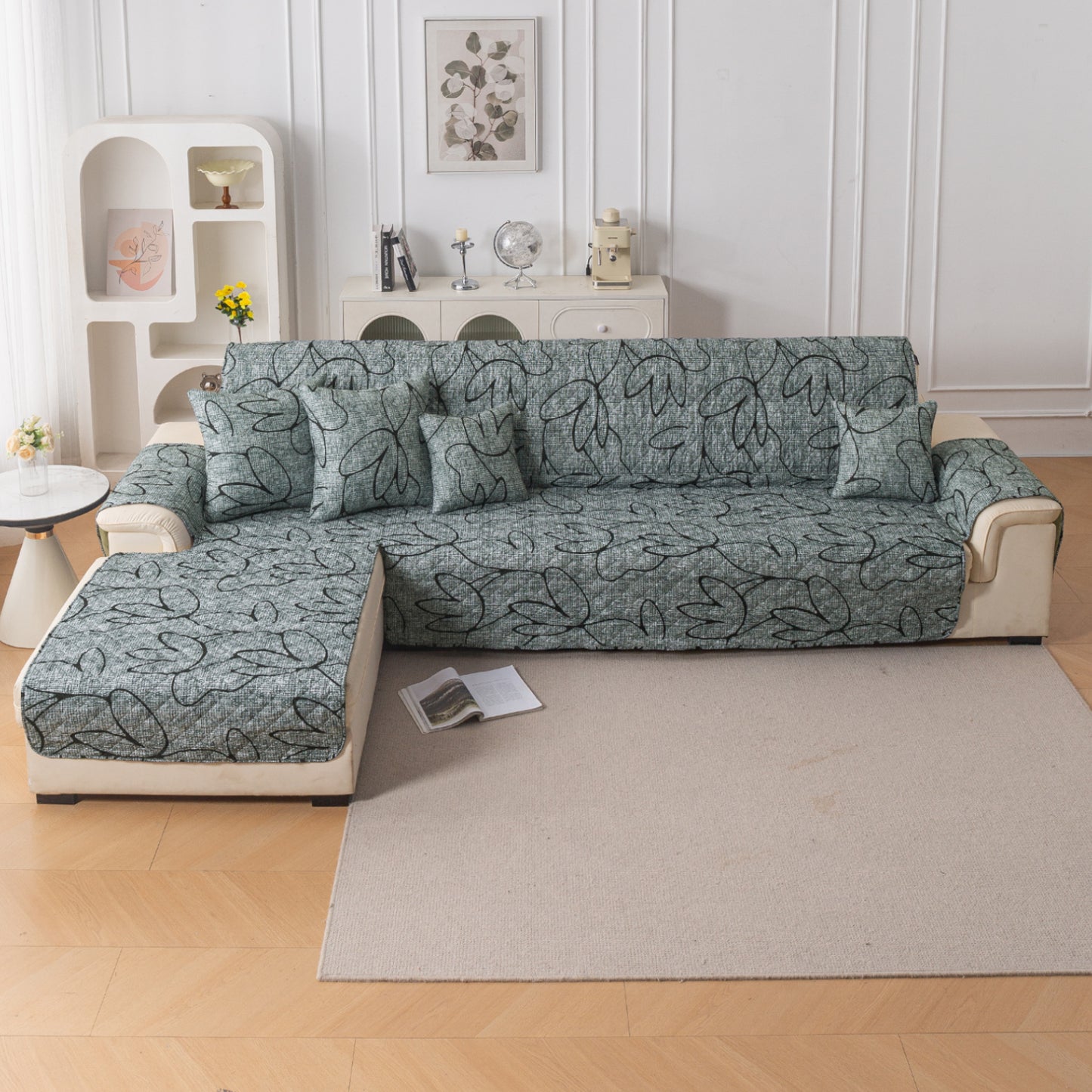 Elira Series Quilted One-Piece L Shape Sofa Cover Mat with Left and Right Chaise, Intense Grey Abstract Floral