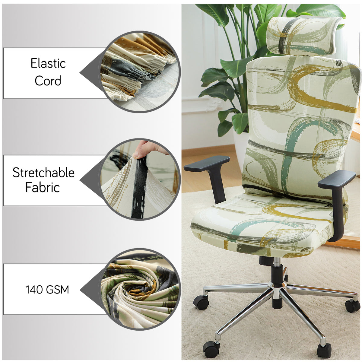 Printed Office Chair Cover with Headrest (High-Back) – 140 GSM Stretch Fabric – Washable, Anti-Slip Fit for Ergonomic Mesh Office Chairs, Parchement Beige Abstract Art
