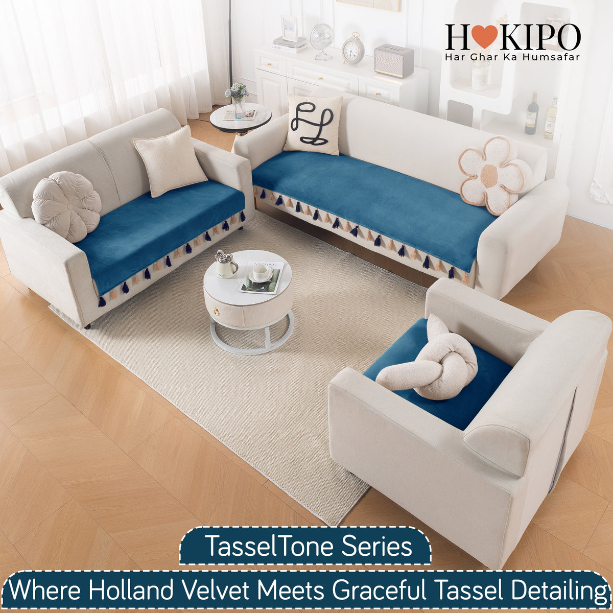 Tassel Tone Holland Velvet Sofa Cover Mat, Sea Blue