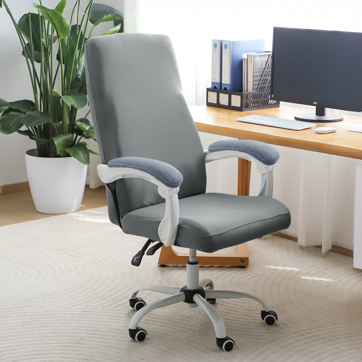 Office Chair Cover for Executive Chair (High-Back) – 140 GSM Stretchable Fabric – Washable & Anti-Slip – Fits Big & Tall Office Chairs, Smoke Grey