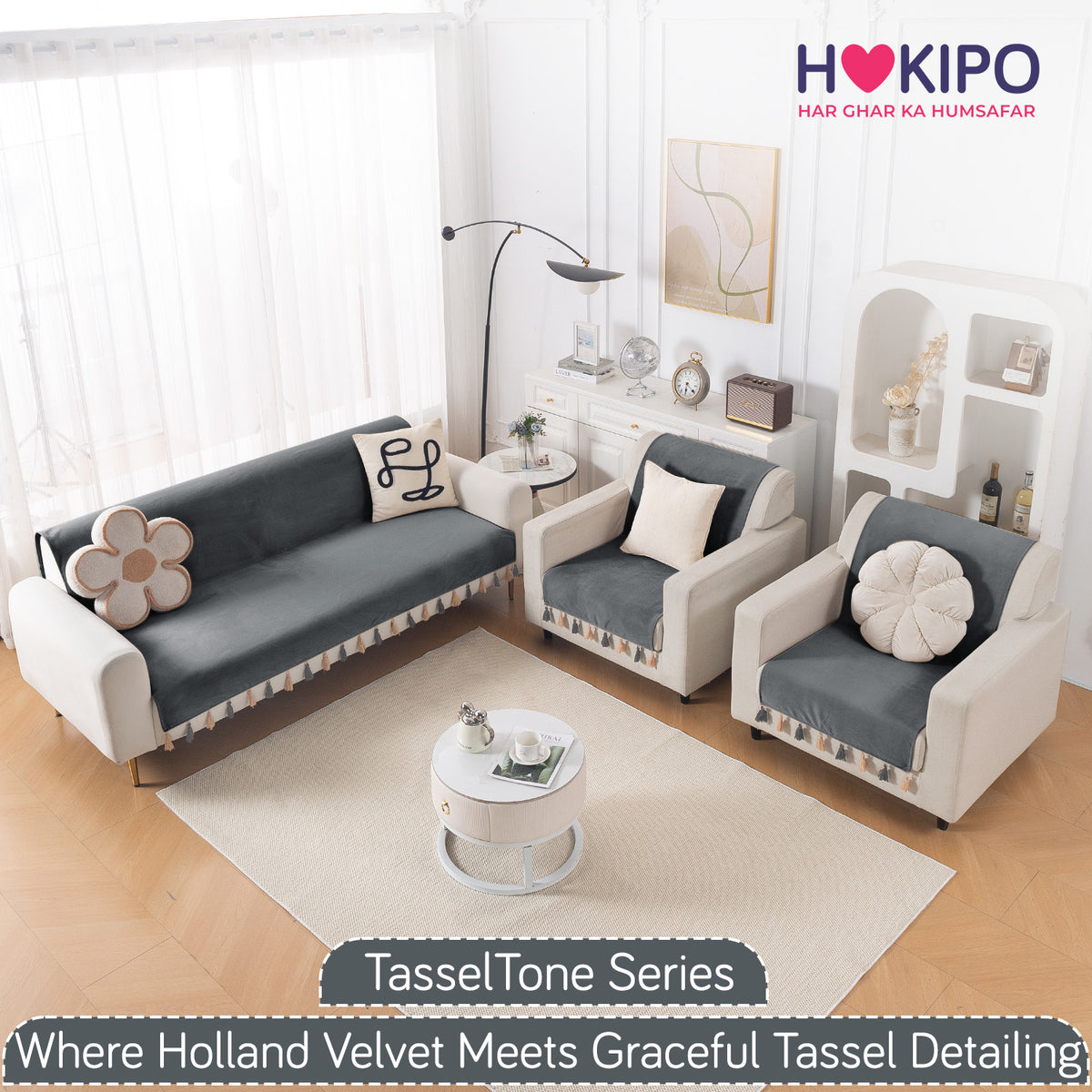Holland Velvet 5-Seater Sofa Cover (3+1+1), TasselTone Series | Graphite Grey