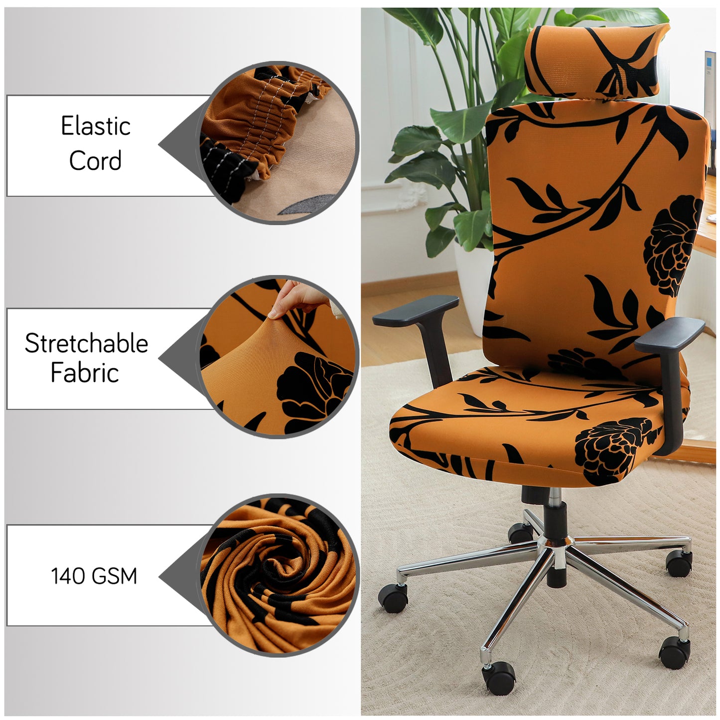 Printed Office Chair Cover with Headrest (High-Back) – 140 GSM Stretch Fabric – Washable, Anti-Slip Fit for Ergonomic Mesh Office Chairs, Copper Brown Floral