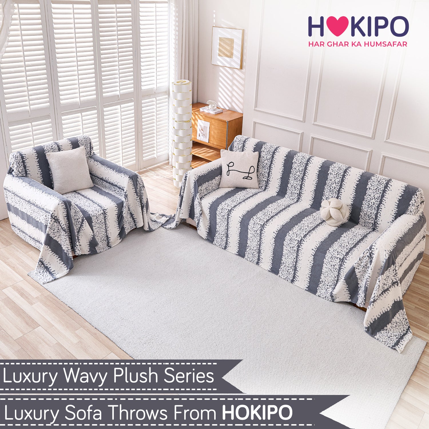 Buy Pewter Grey Colour Luxury Wavy Plush Sofa Throw for 3+1​ Seater Sofa Set | HOKIPO