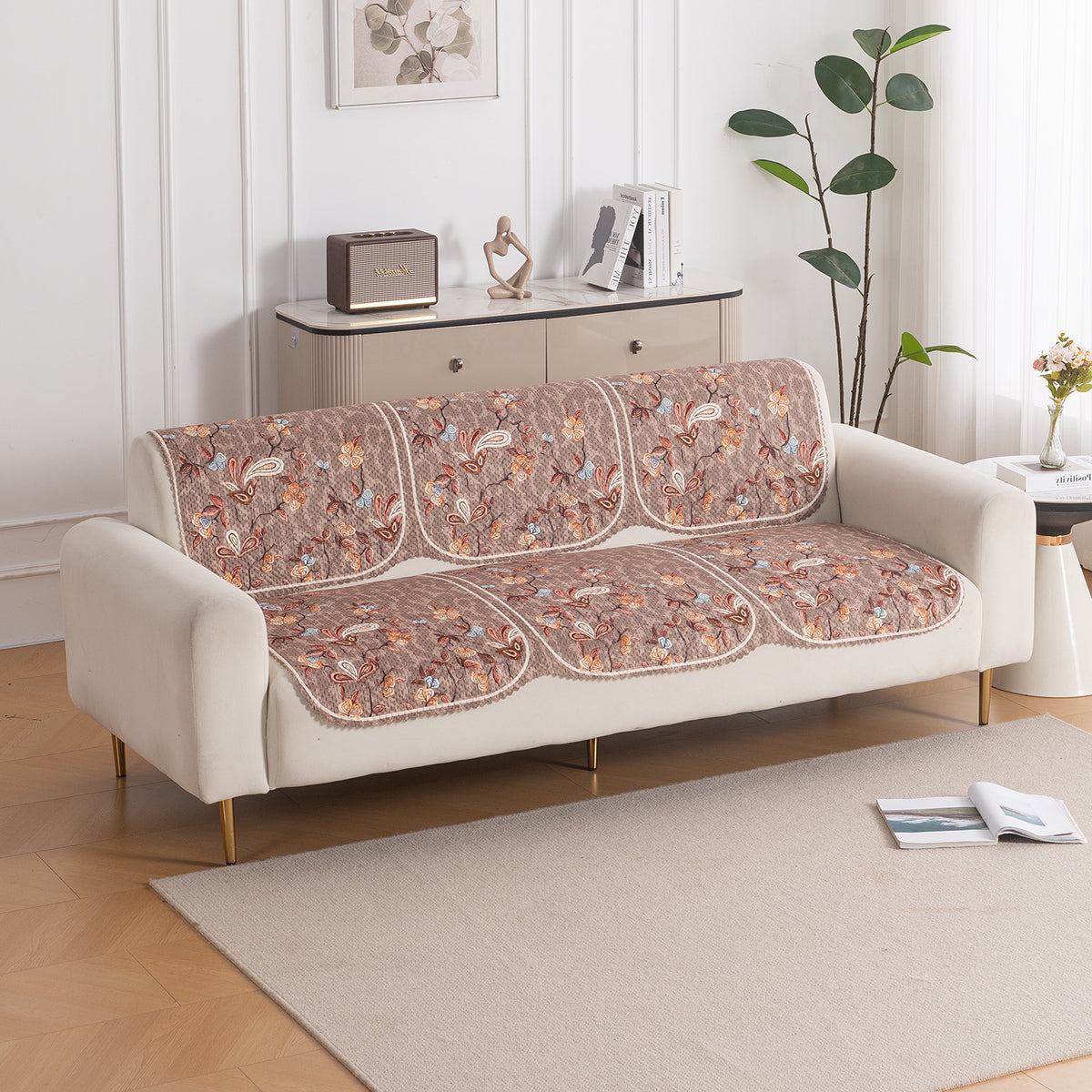 Buy Vintage Bloom HeavenHue quilted fleece wooden sofa cover set for 3 seater, soft washable panel | Hokipo