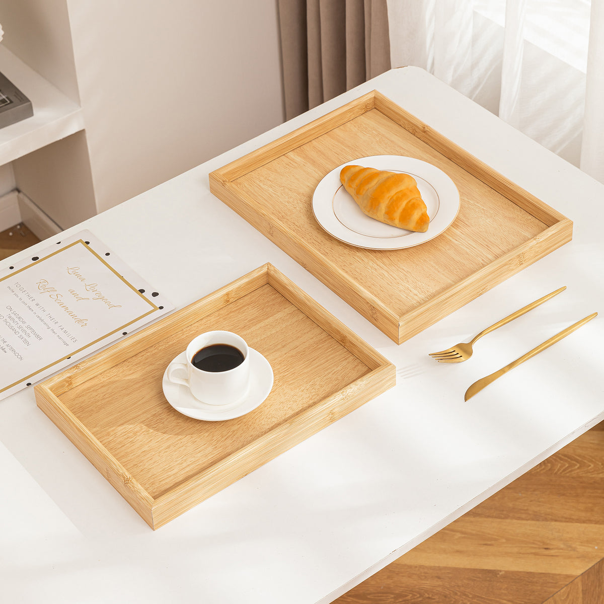 Wooden Serving Tray MDF Rectangular Eco-Friendly Trays Set of 3 – Natural Finish