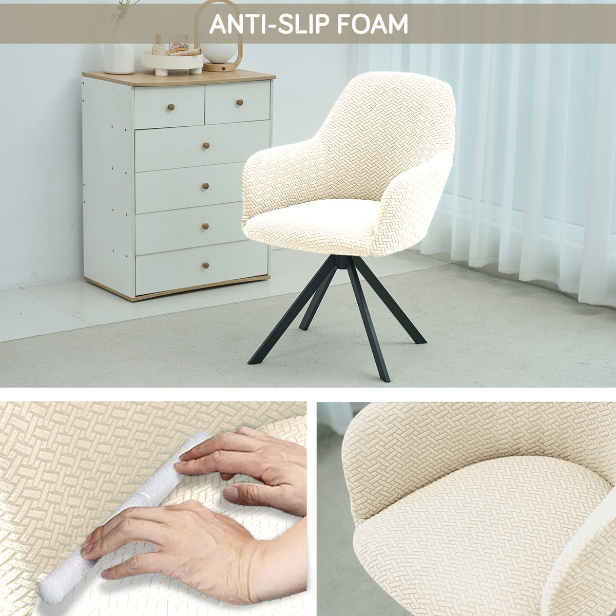 Premium Jacquard Fully Covered Cover for Swivel Dining Chair with Arms, Beige