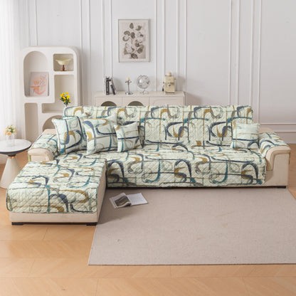 Elira Series Quilted One-Piece L Shape Sofa Cover Mat with Left and Right Chaise, Parchement Beige Abstract Art