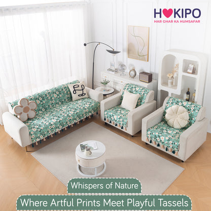 Holland Velvet 5-Seater Sofa Cover with Tassel (3+1+1), Sage Floral Vine