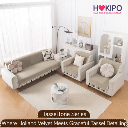 Holland Velvet 5-Seater Sofa Cover (3+1+1), TasselTone Series | Sand Beige