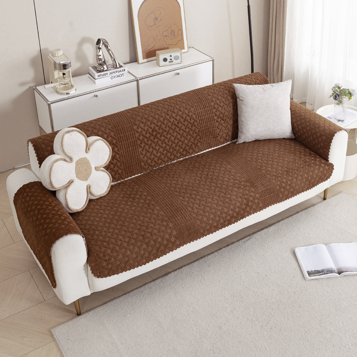 Modern Matrix 5-Seater Reversible Sofa Cover (3+1+1), Walnut Brown
