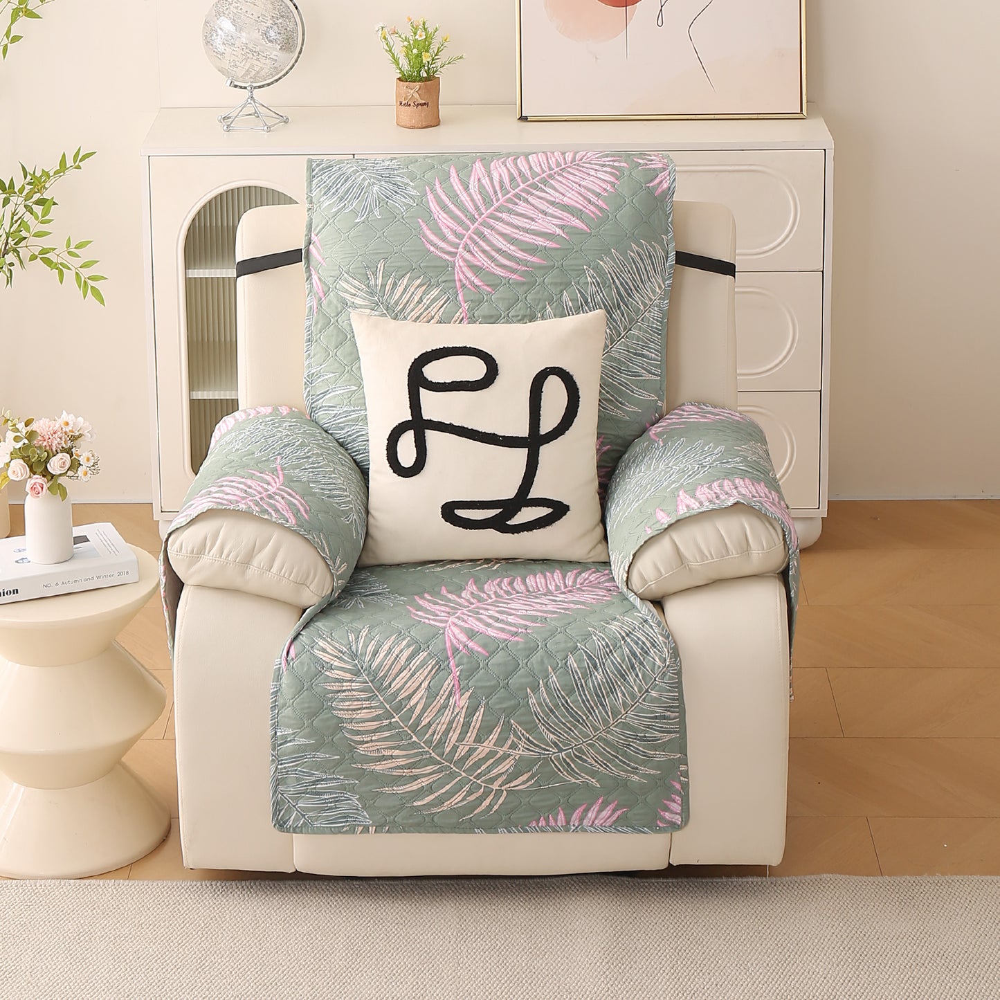 Quilted Printed Recliner Mats for 1 Seater Recliner Sofa, Tropical Leaves Pastel