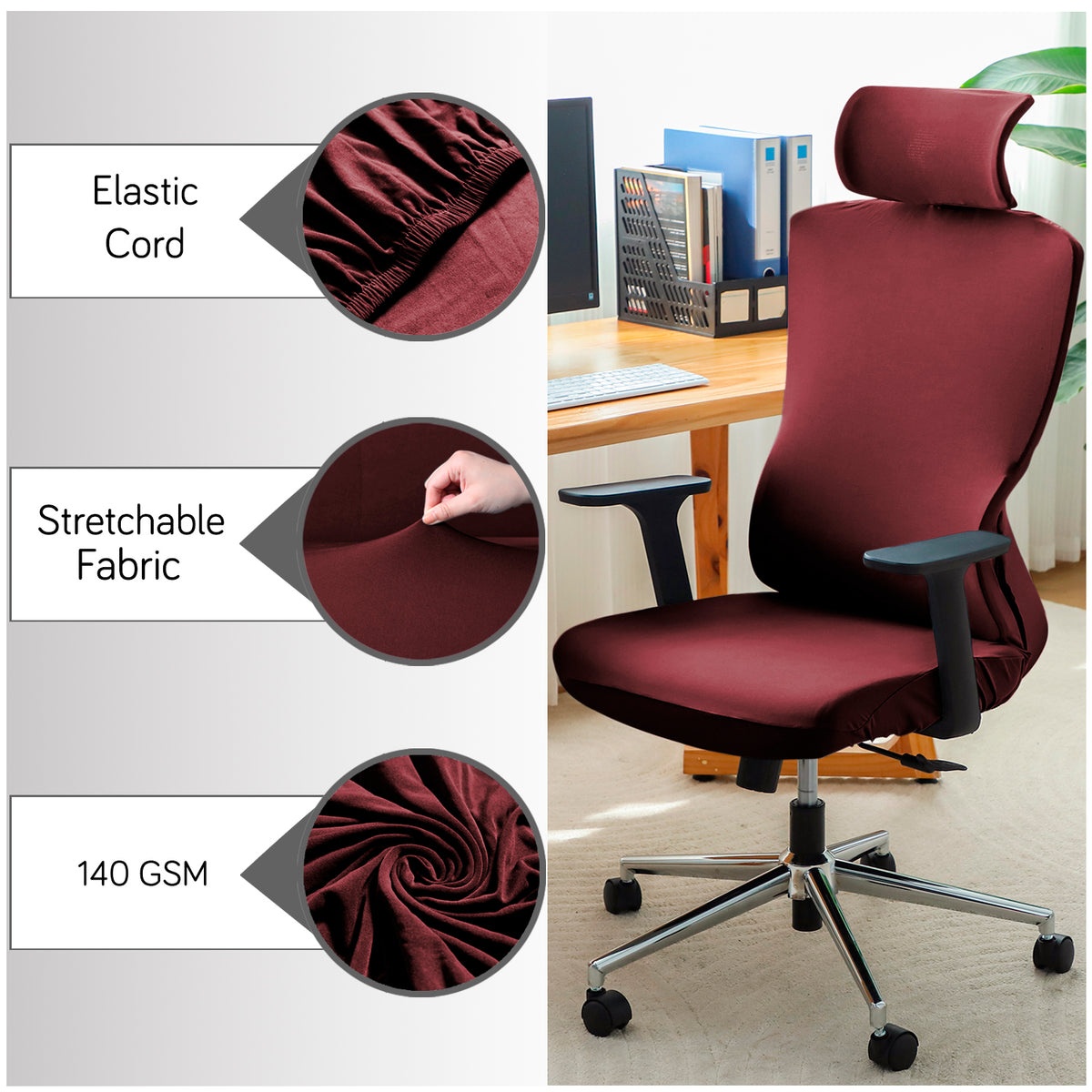Office Chair Cover with Headrest (High-Back) – 140 GSM Stretch Fabric – Washable, Anti-Slip Fit for Ergonomic Mesh Office Chairs,  Burgundy