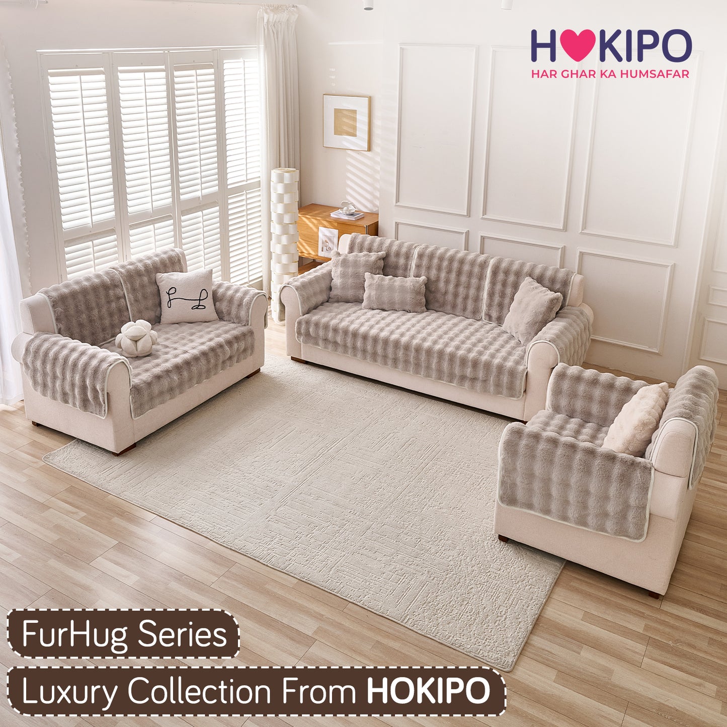 Premium Faux Rabbit Fur Anti Slip Sofa Mat for 1/2/3 Seater, Latte Brown