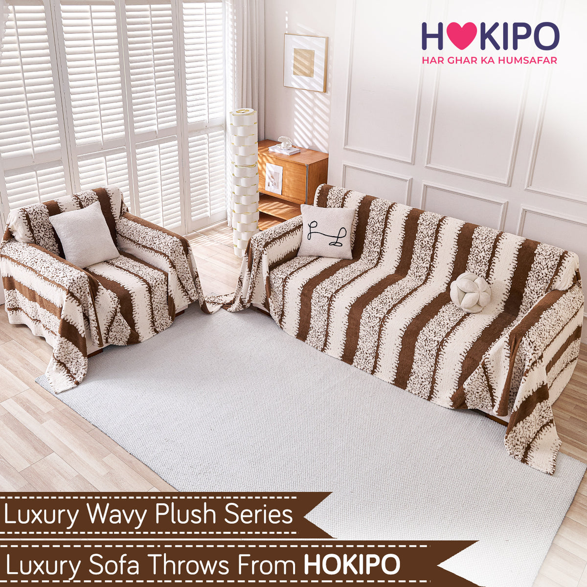 Plush Sofa Cover Throw for Complete Sofa 'Luxury Wavy Plush', Desert Brown