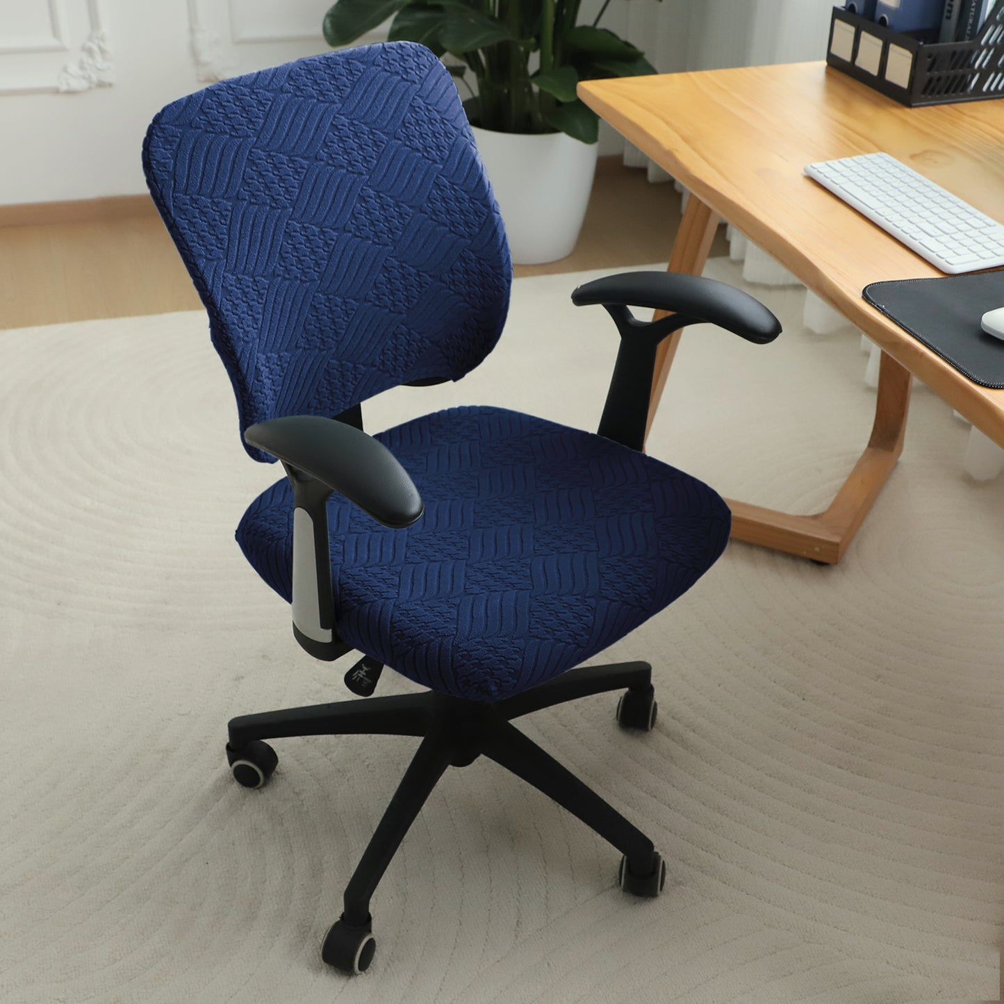 Office Chair Cover for Task Chair – 170 GSM Stretchable Jacquard – Washable & Anti-Slip – Fits Small Office Chairs Without Headrest, Navy Blue