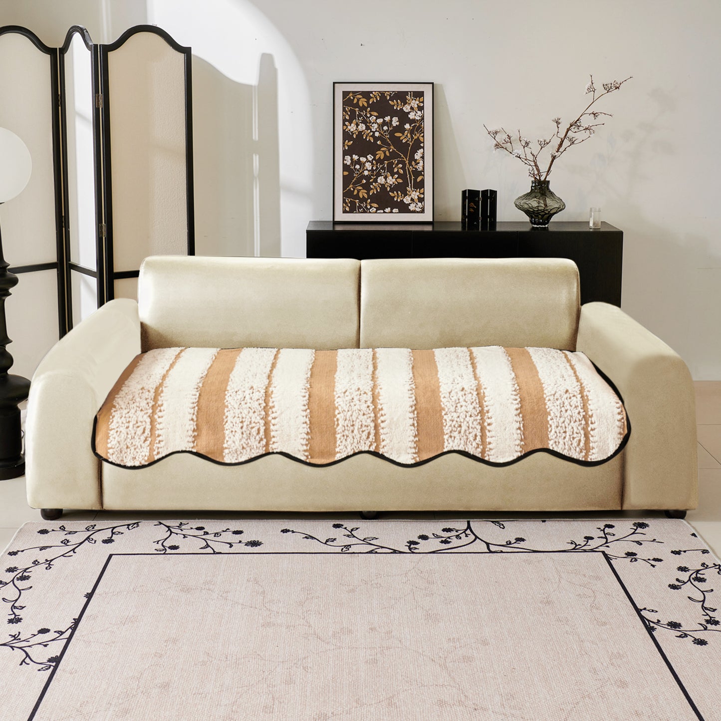 Luxury Wavy Plush Anti-Slip Sofa Cover Mats - Desert Brown