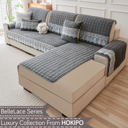 BelleLace Series Imperial Milk Velvet L Shape Sofa Cover Mat with Lace Design - Porpoise Grey