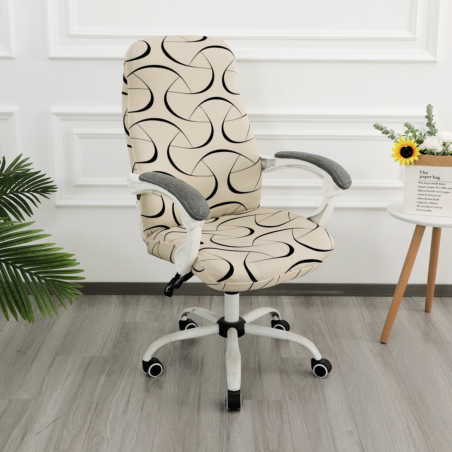 Printed Office Chair Cover for Desk Chair (Mid-Back) – 140 GSM Stretch Fabric – Washable, Durable & Anti-Slip – Fits Mid-Back Office Chairs, Natural Beige Abstract Art - Medium