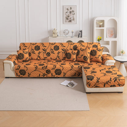 Elira Series Quilted One-Piece L Shape Sofa Cover Mat with Left and Right Chaise, Copper Brown Floral