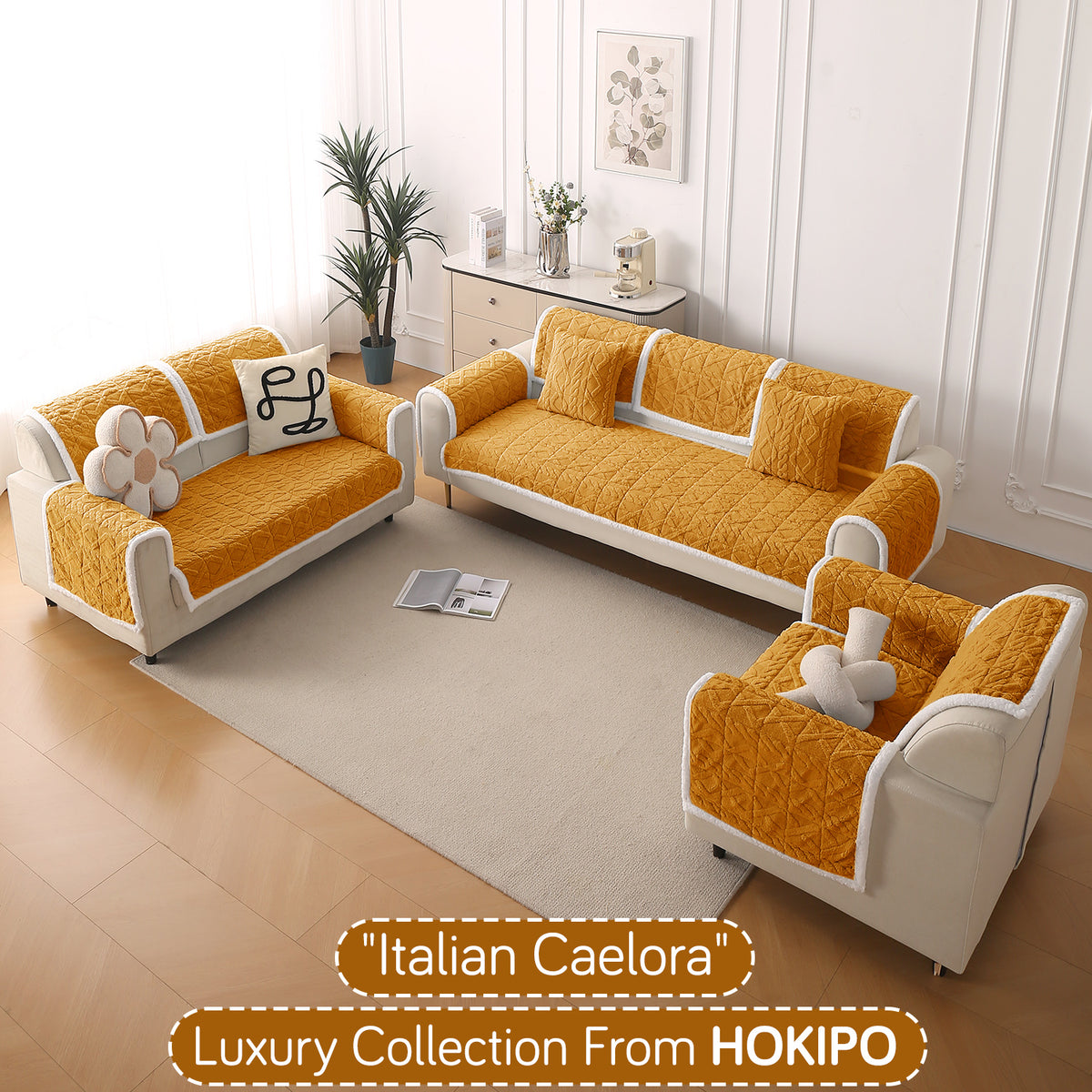 'Italian Caelora' Luxury Jacquard Plush Anti-Slip Sofa Cover Mat - Honey Yellow