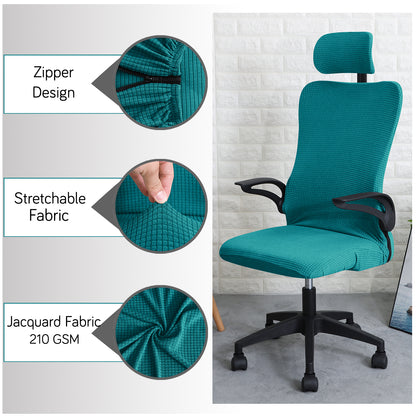 Water Repellent Office Chair Cover with Headrest (High-Back) – 210 GSM Stretch Jacquard – Washable, Anti-Slip Fit for Ergonomic Mesh Office Chairs, Teal