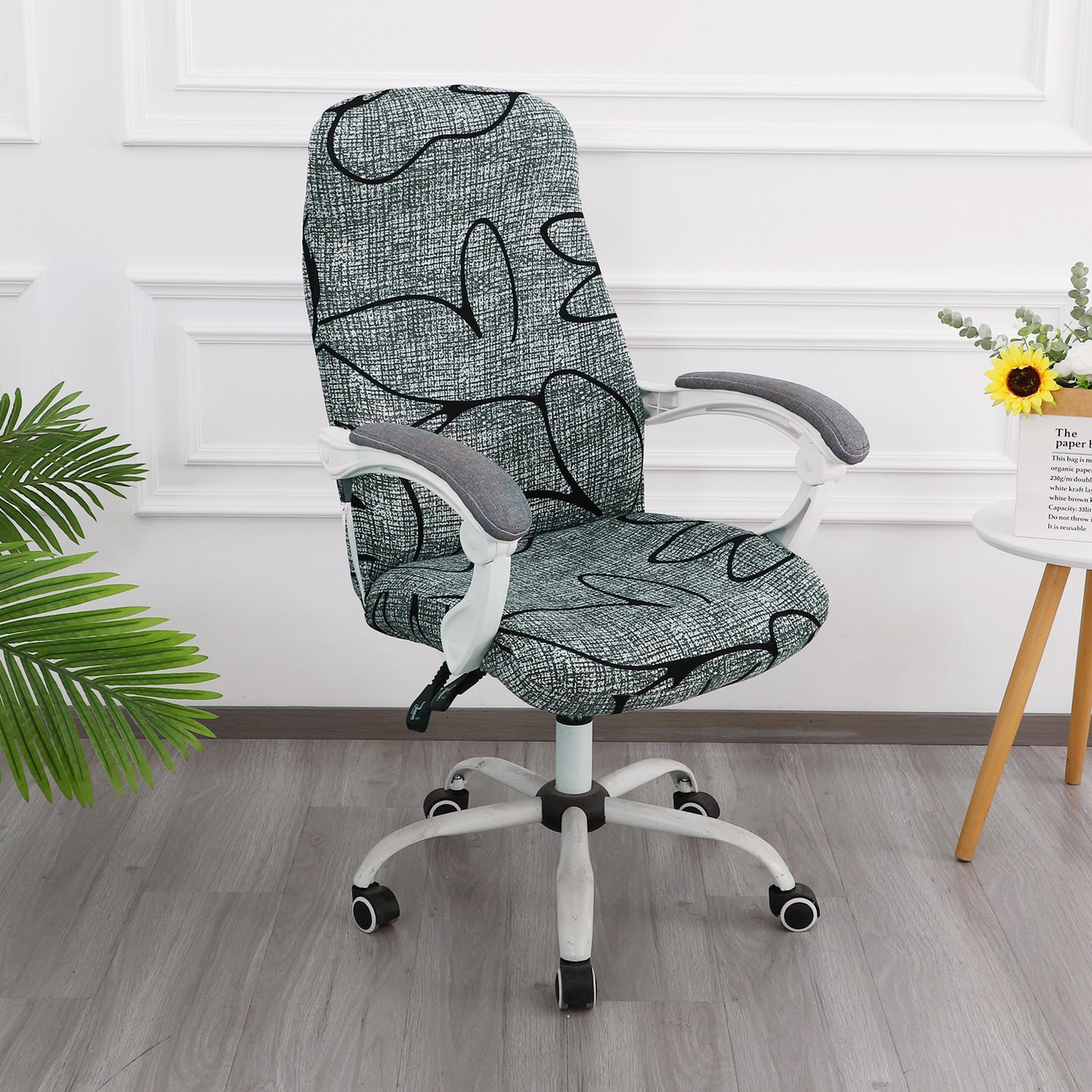 Printed Office Chair Cover for Desk Chair (Mid-Back) – 140 GSM Stretch Fabric – Washable & Anti-Slip – Fits Mid-Back Office Chairs, Intense Grey Abstract Floral - Medium
