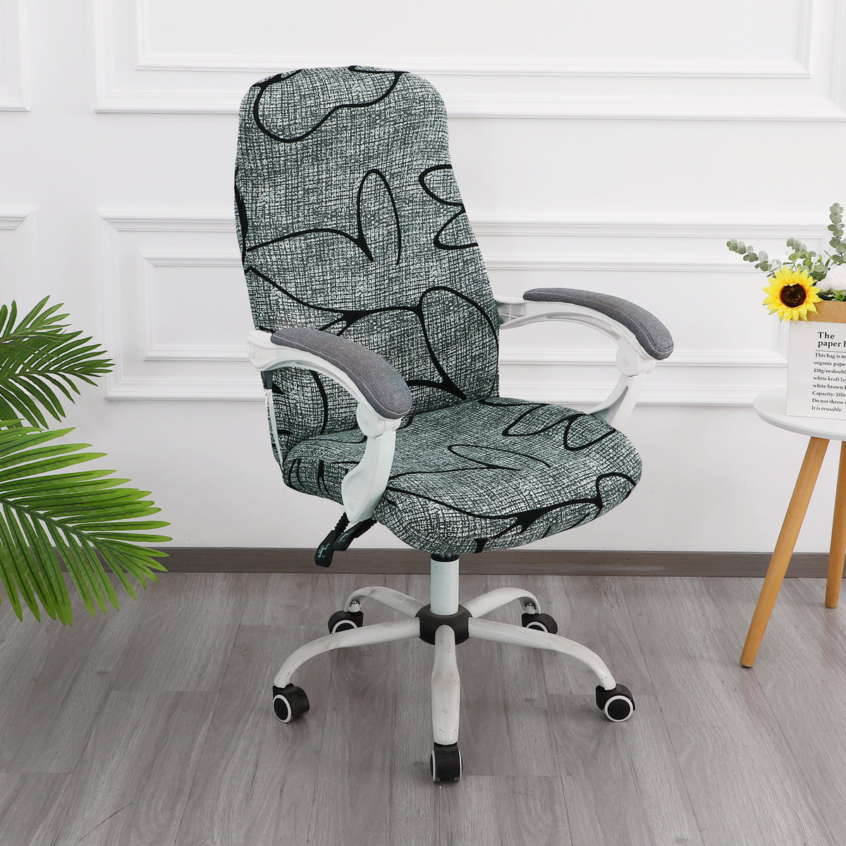 Printed Office Chair Cover for Desk Chair (Mid-Back) – 140 GSM Stretch Fabric – Washable & Anti-Slip – Fits Mid-Back Office Chairs, Intense Grey Abstract Floral - Medium