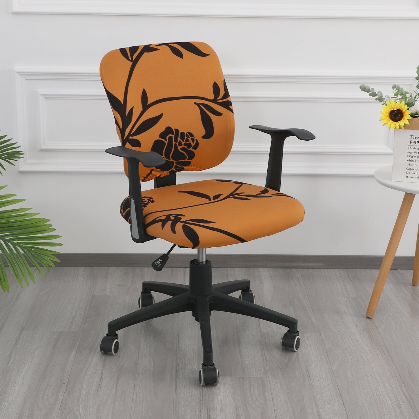Printed Office Chair Cover for Task Chair – 140 GSM Stretchable Fabric – Washable & Anti-Slip – Fits Small Office Chairs Without Headrest, Copper Brown Floral