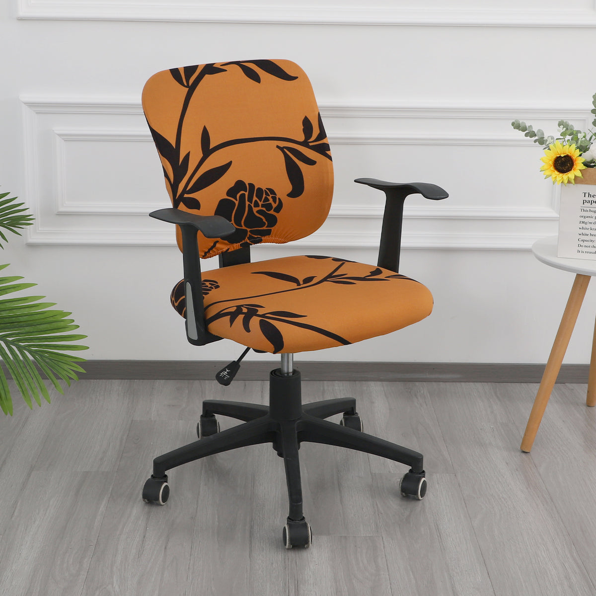 Printed Office Chair Cover for Task Chair – 140 GSM Stretchable Fabric – Washable & Anti-Slip – Fits Small Office Chairs Without Headrest, Copper Brown Floral