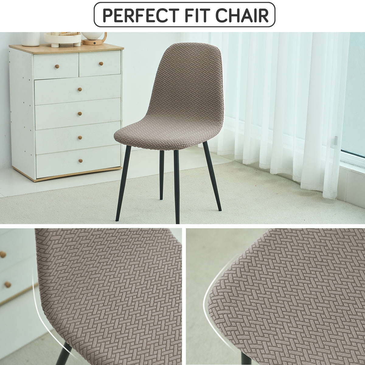 Premium Jacquard Fully Covered Cover for Mid Century Modern Dining Chair, Taupe Brown