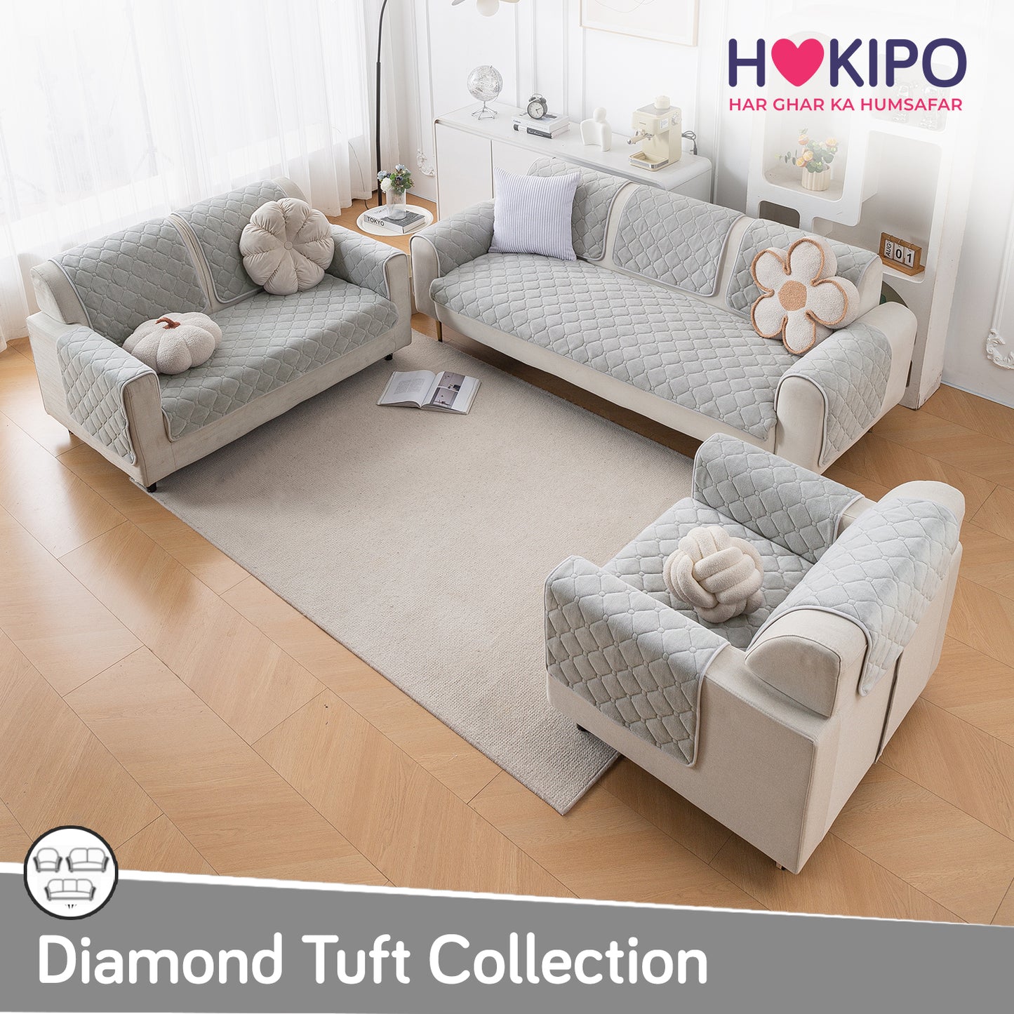 Diamond Tuft Plush Sofa Cover Mat, Mist Grey