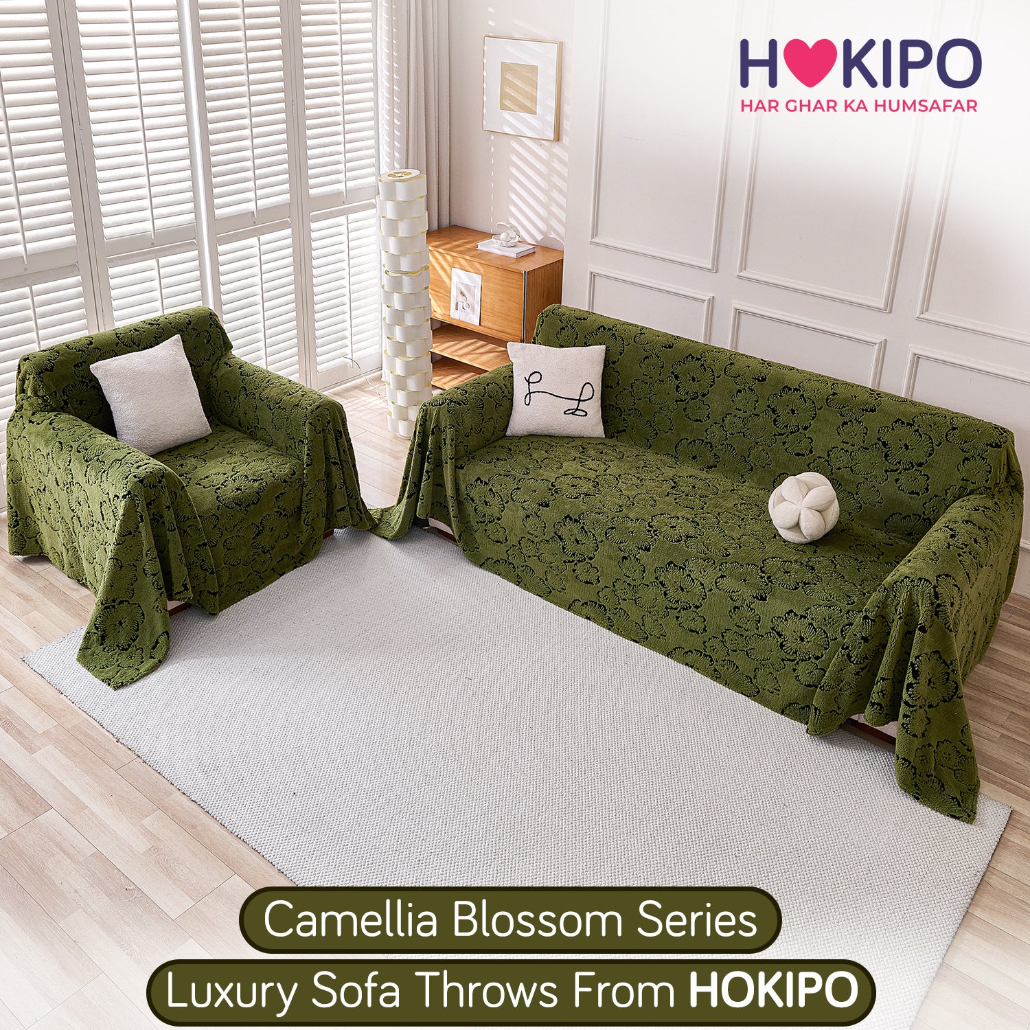 Buy Forest Olive Colour Camellia Blossom Luxury Plush Sofa Throw​ for 3 2 seater​ sofa | HOKIPO