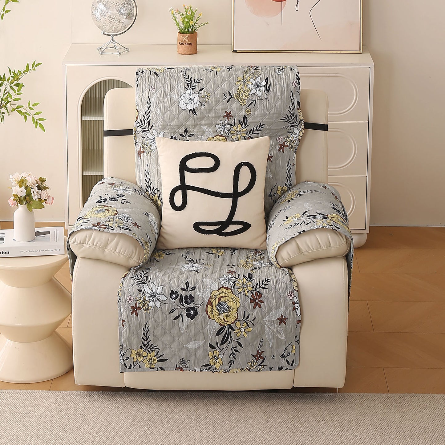 Quilted Printed Recliner Mats for 1 Seater Recliner Sofa, Floral Ash Grey