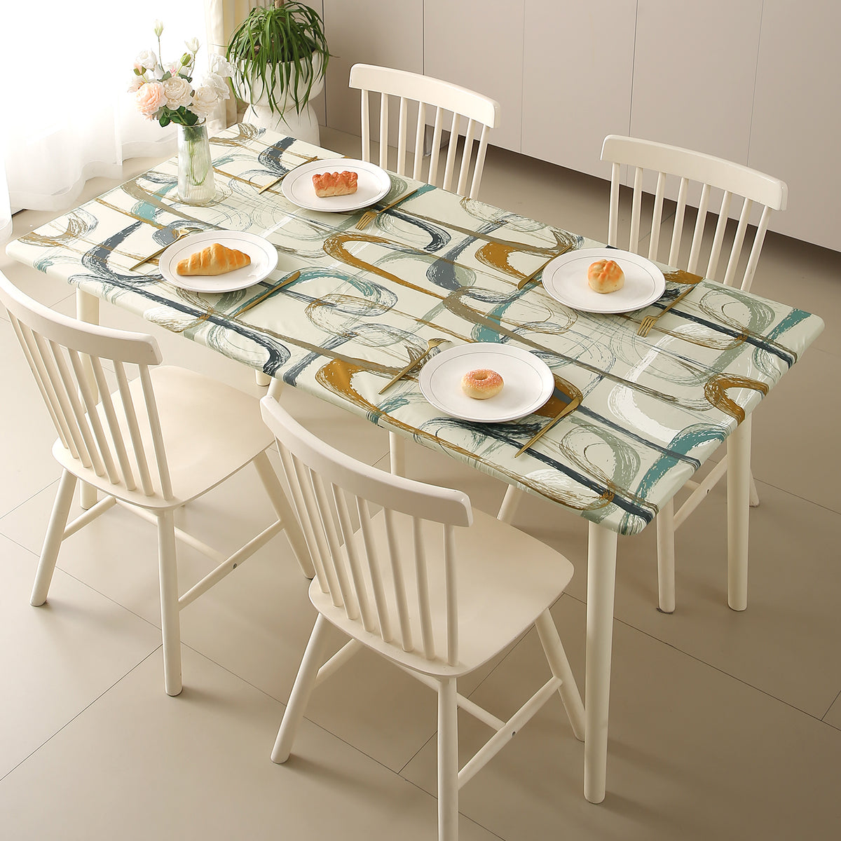 Buy Parchement Beige Abstract Art Printed Water-Repellent Anti-Slip Elastic Stretch Dining Table Cover- HOKIPO