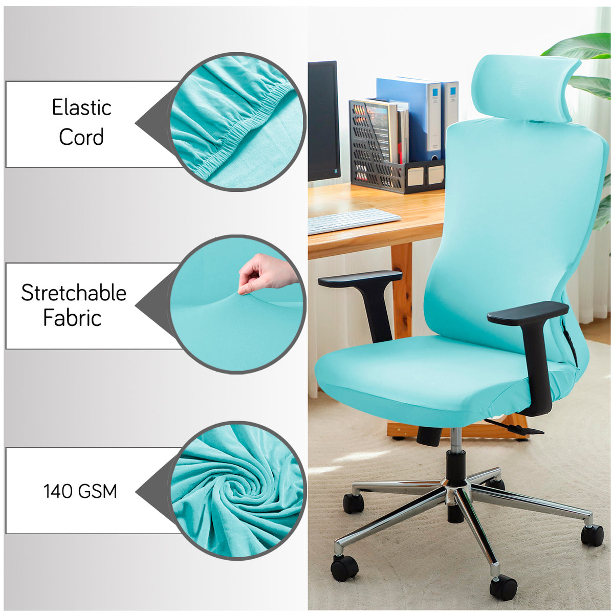 Office Chair Cover with Headrest (High-Back) – 140 GSM Stretch Fabric – Washable, Anti-Slip Fit for Ergonomic Mesh Office Chairs, Sky Blue