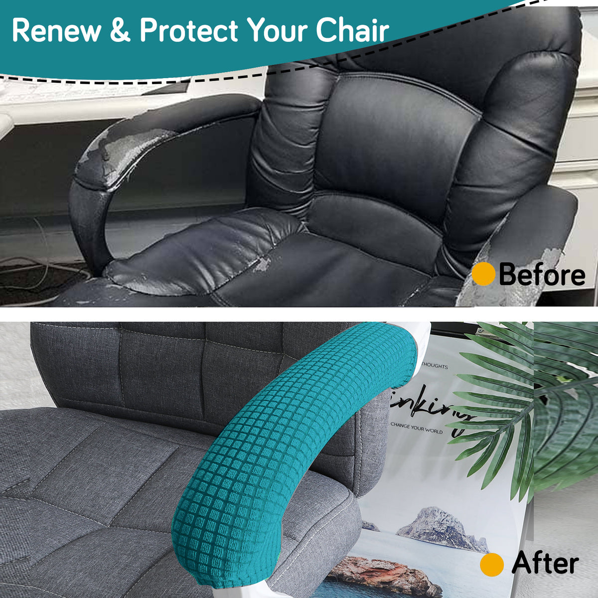 210gsm Jacquard Water Repellent Armrest Covers for Office Chair (Zipper Style), 1 Pair, Teal