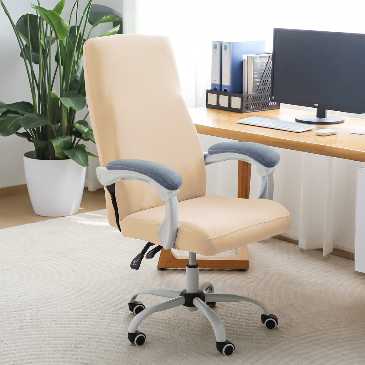 Office Chair Cover for Executive Chair (High-Back) – 140 GSM Stretch Fabric – Washable, Durable & Anti-Slip – Fits High-Back Office Chairs, Beige
