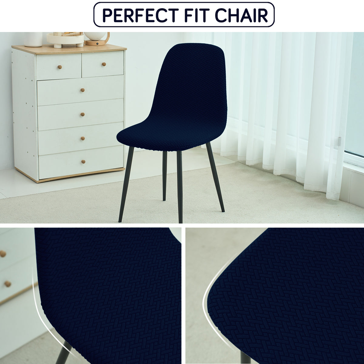Premium Jacquard Fully Covered Cover for Mid Century Modern Dining Chair, Navy Blue