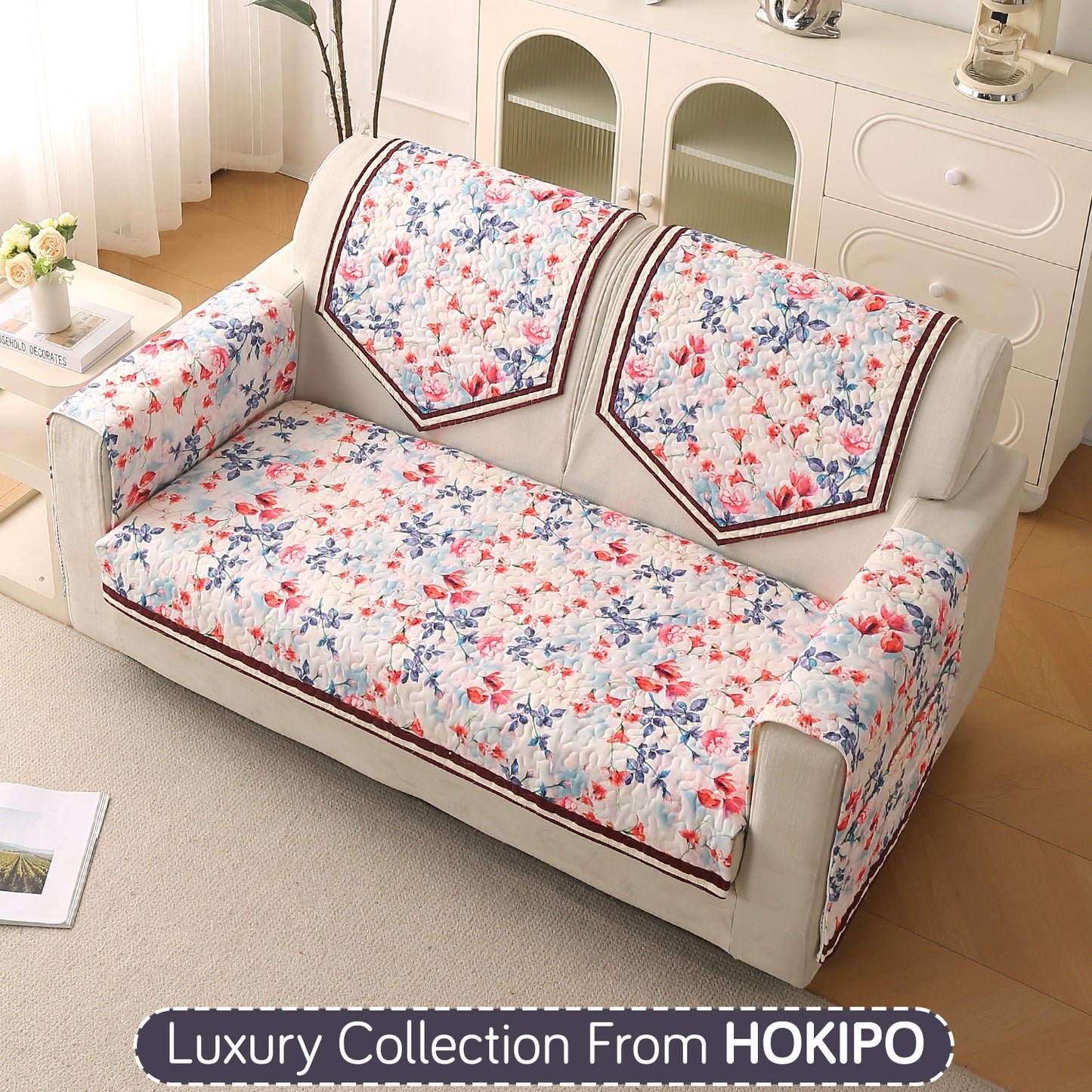 Florentina Series Printed Holland Velvet Sofa Mat - Scarlet Rose Ivory