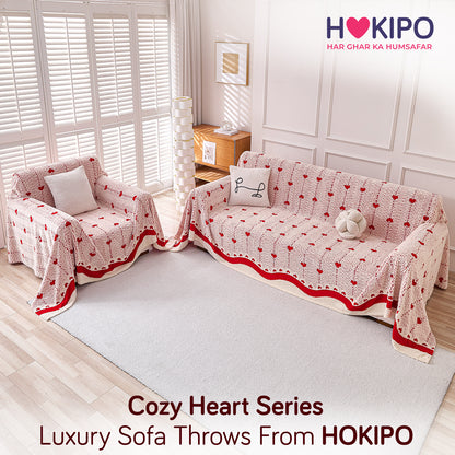 Buy Cherry Cream Colour Cozy Heart Series Luxury Plush Sofa Throw for 3 1​ Seater Sofa Set | HOKIPO