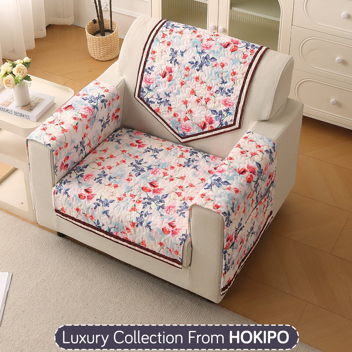 Florentina Series Printed Holland Velvet Sofa Mat - Scarlet Rose Ivory