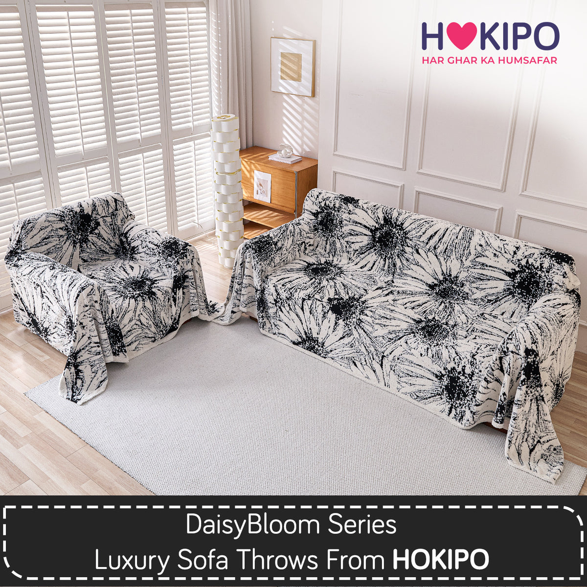 Buy Midnight Black Colour DaisyBloom Series Luxury Plush Sofa Throw for 3 1​ Seater Sofa Set | HOKIPO