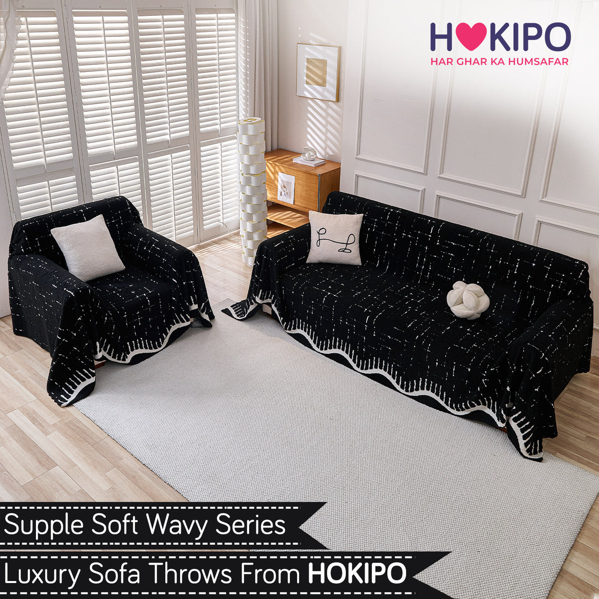 Buy Black Colour Supple Soft Wavy Plush Sofa Throw for 3 1​ Seater Sofa Set | HOKIPO