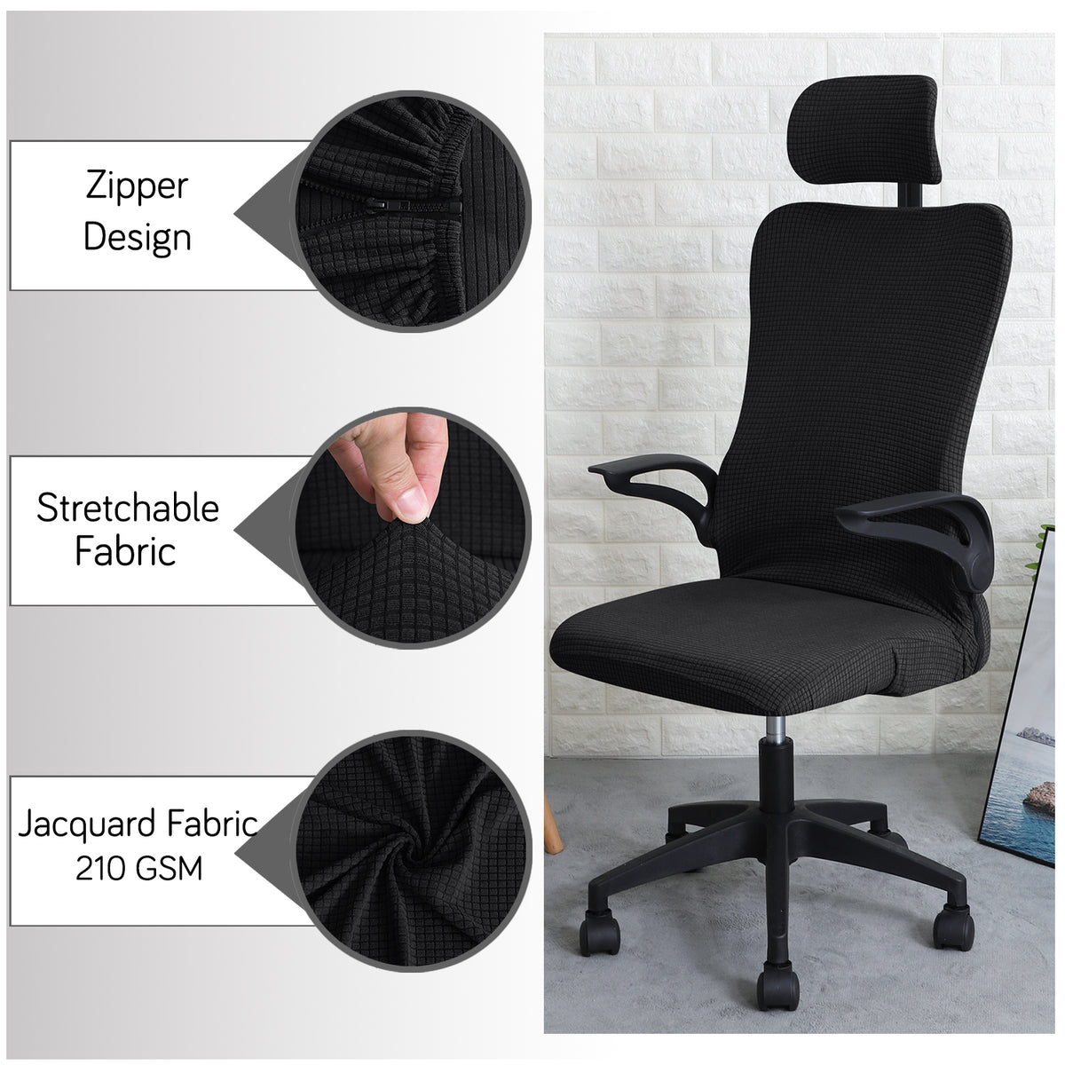 Water Repellent Office Chair Cover with Headrest (High-Back) – 210 GSM Stretch Jacquard – Washable, Anti-Slip Fit for Ergonomic Mesh Office Chairs, Black