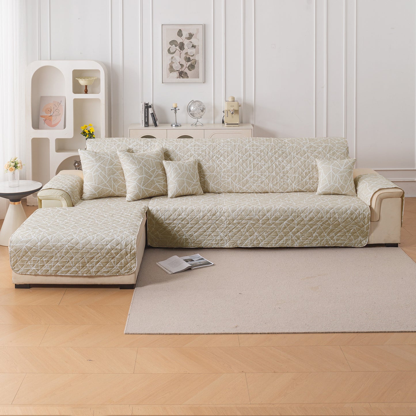 Elira Series Quilted One-Piece L Shape Sofa Cover Mat with Left and Right Chaise, Beige Abstract Geometry